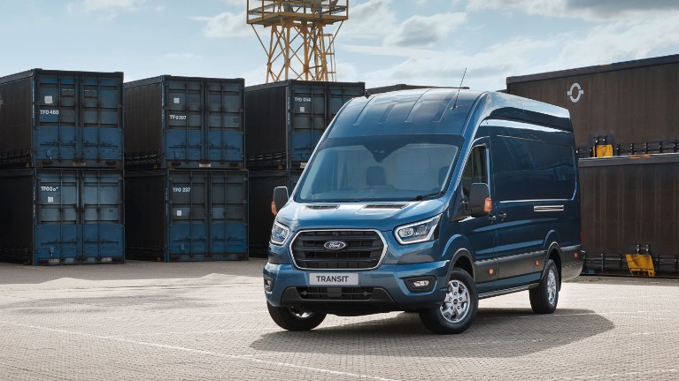 Ford transit van at a docklands depot as imagery for van leasing for business vehicle fleet